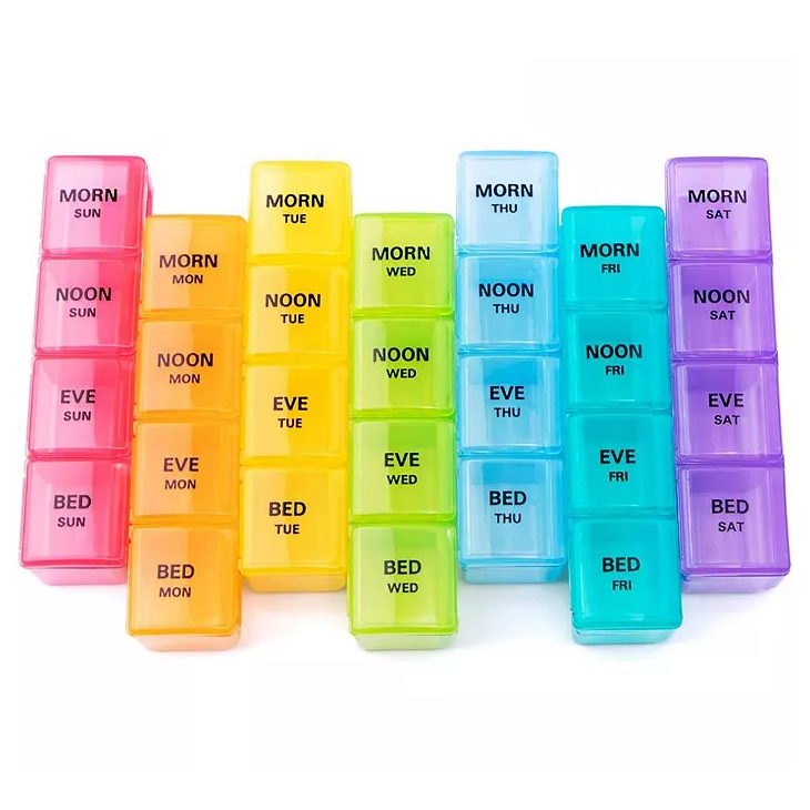 A set of colorful weekly pill organizers with compartments labeled for morning, noon, evening, and bedtime for each day of the week in individual columns.