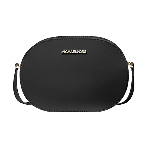 Michael Kors Jet Set Travel Leather Bag is a sleek, black crossbody with a minimalist oval design, featuring the brand's logo in gold on the front.