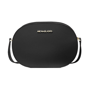 Michael Kors Jet Set Travel Leather Bag is a sleek, black crossbody with a minimalist oval design, featuring the brand's logo in gold on the front.
