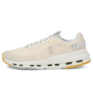 On Running Women's Cloudnova 2 Shoes feature a sleek design with a cream-colored upper, white accents, and a distinctive midsole with visible CloudTec cushioning elements in black and yellow outsole.