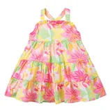 A colorful floral-patterned girl's sundress with criss-cross shoulder straps, featuring hues of pink, yellow, and green.