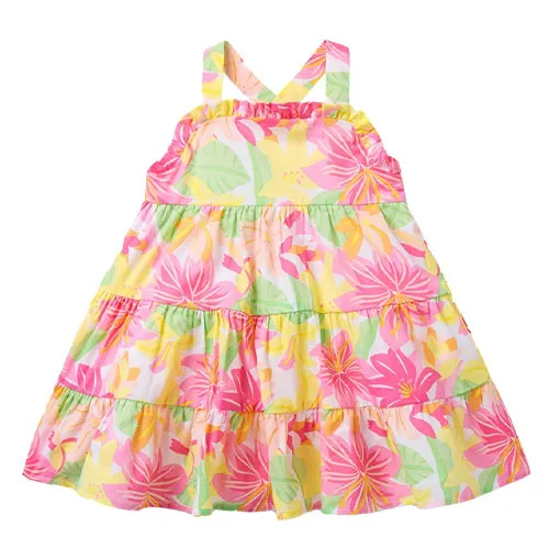 A colorful floral-patterned girl's sundress with criss-cross shoulder straps, featuring hues of pink, yellow, and green.