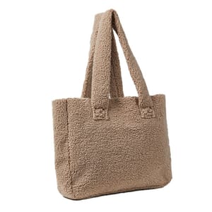A beige, fluffy tote bag with a soft, teddy-like texture and two handles.