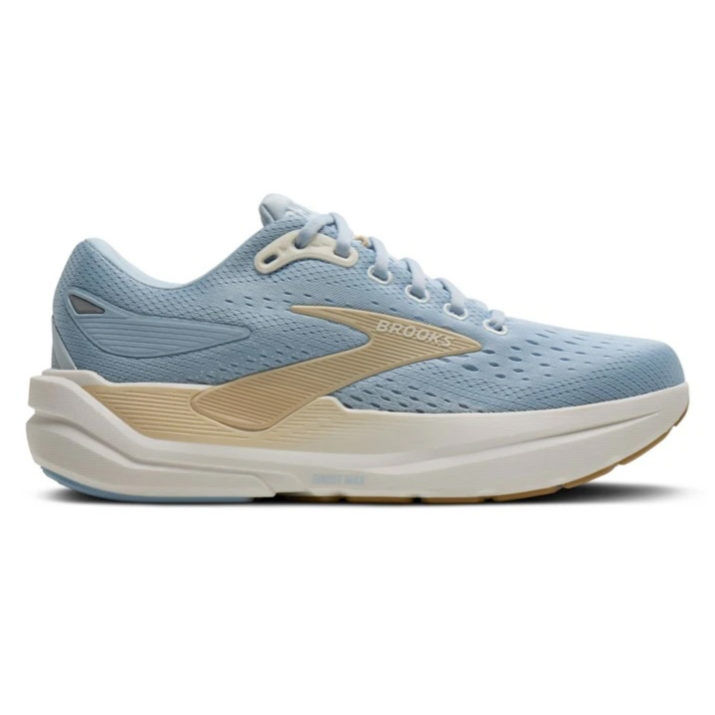 Light blue Brooks running shoe with a beige sole and contrasting accents, featuring a breathable perforated upper and chunky design for cushioning.