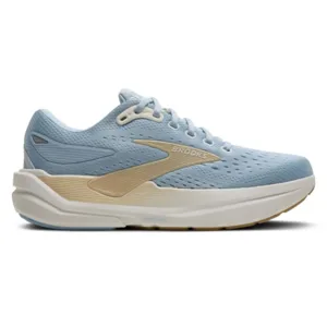 Light blue Brooks running shoe with a beige sole and contrasting accents, featuring a breathable perforated upper and chunky design for cushioning.