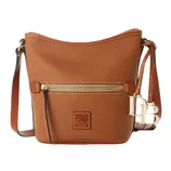 Tan leather crossbody bag with a front zipper pocket, gold-tone hardware, adjustable strap, and a rectangular logo patch at the front bottom.