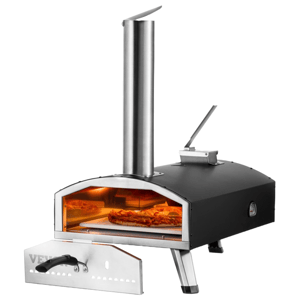 A portable outdoor pizza oven with a chimney and a visible pizza inside. It has a stainless steel finish and a detachable door with a handle.