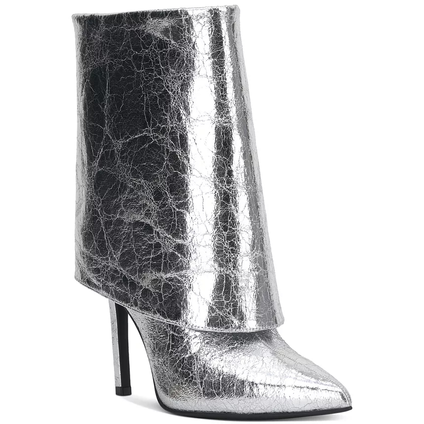 A high-heeled, silver metallic boot with a cracked texture and pointed toe design.