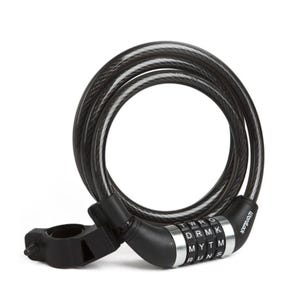 A combination cable lock with rotating letter dials for securing items, featuring a mounting bracket for easy attachment and storage.