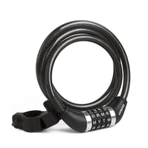 A combination cable lock with rotating letter dials for securing items, featuring a mounting bracket for easy attachment and storage.