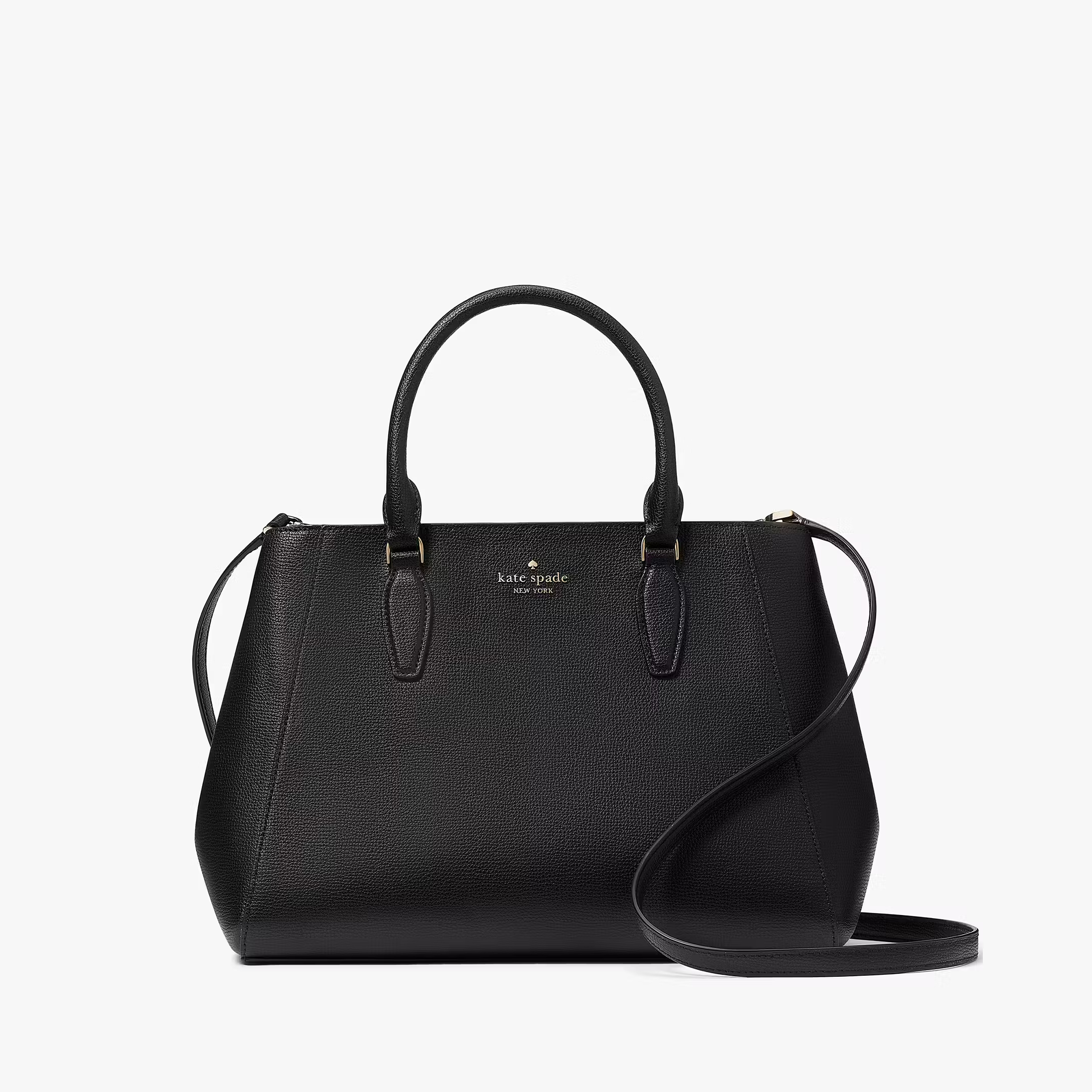 A black Kate Spade tote bag with top handles and a detachable shoulder strap.