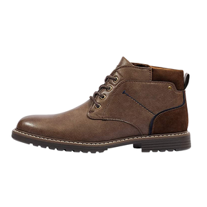 A brown leather lace-up ankle boot with a sturdy sole, featuring stitched accents and a pull tab at the back.