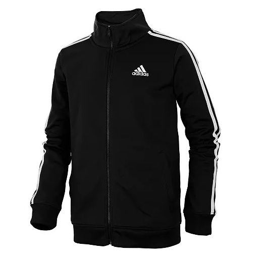 A black Adidas track jacket featuring white stripes along the sleeves, a front zipper, and the Adidas logo on the chest.