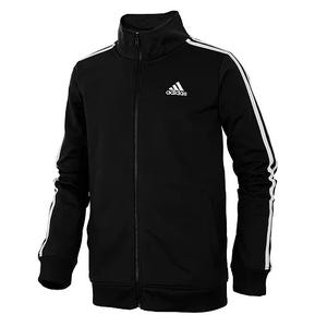 A black Adidas track jacket featuring white stripes along the sleeves, a front zipper, and the Adidas logo on the chest.