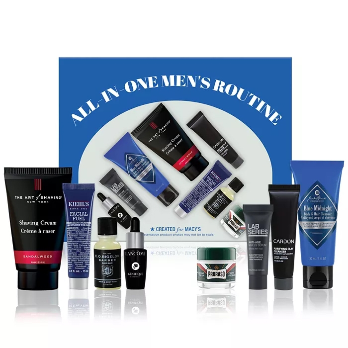 8pc Men's Routine Skincare Set includes shaving cream, facial fuel, beard oil, repair serum, anti-aging cream, purifying clay cleanser, bath & hair cleanser, and shaving cream. Packaged in a blue box labeled \“All-In-One Men's Routine.\“