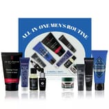 8pc Men's Routine Skincare Set includes shaving cream, facial fuel, beard oil, repair serum, anti-aging cream, purifying clay cleanser, bath & hair cleanser, and shaving cream. Packaged in a blue box labeled \“All-In-One Men's Routine.\“