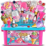 Slime combo kit for ages 6+ with clear slime glue, soft clay, various colorful mix-ins, and containers in a themed storage box for creating ice cream-style slime.