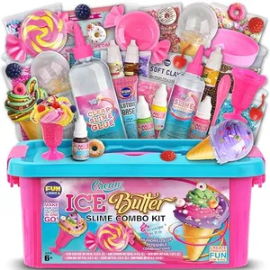Slime combo kit for ages 6+ with clear slime glue, soft clay, various colorful mix-ins, and containers in a themed storage box for creating ice cream-style slime.