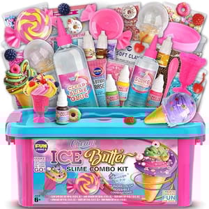 Slime combo kit for ages 6+ with clear slime glue, soft clay, various colorful mix-ins, and containers in a themed storage box for creating ice cream-style slime.