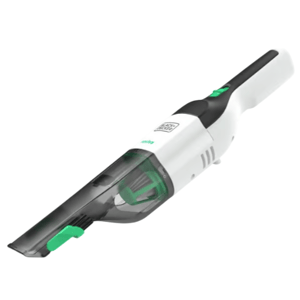 A handheld cordless vacuum cleaner with a sleek design, featuring a white and black body with green accents, ideal for quick clean-ups.