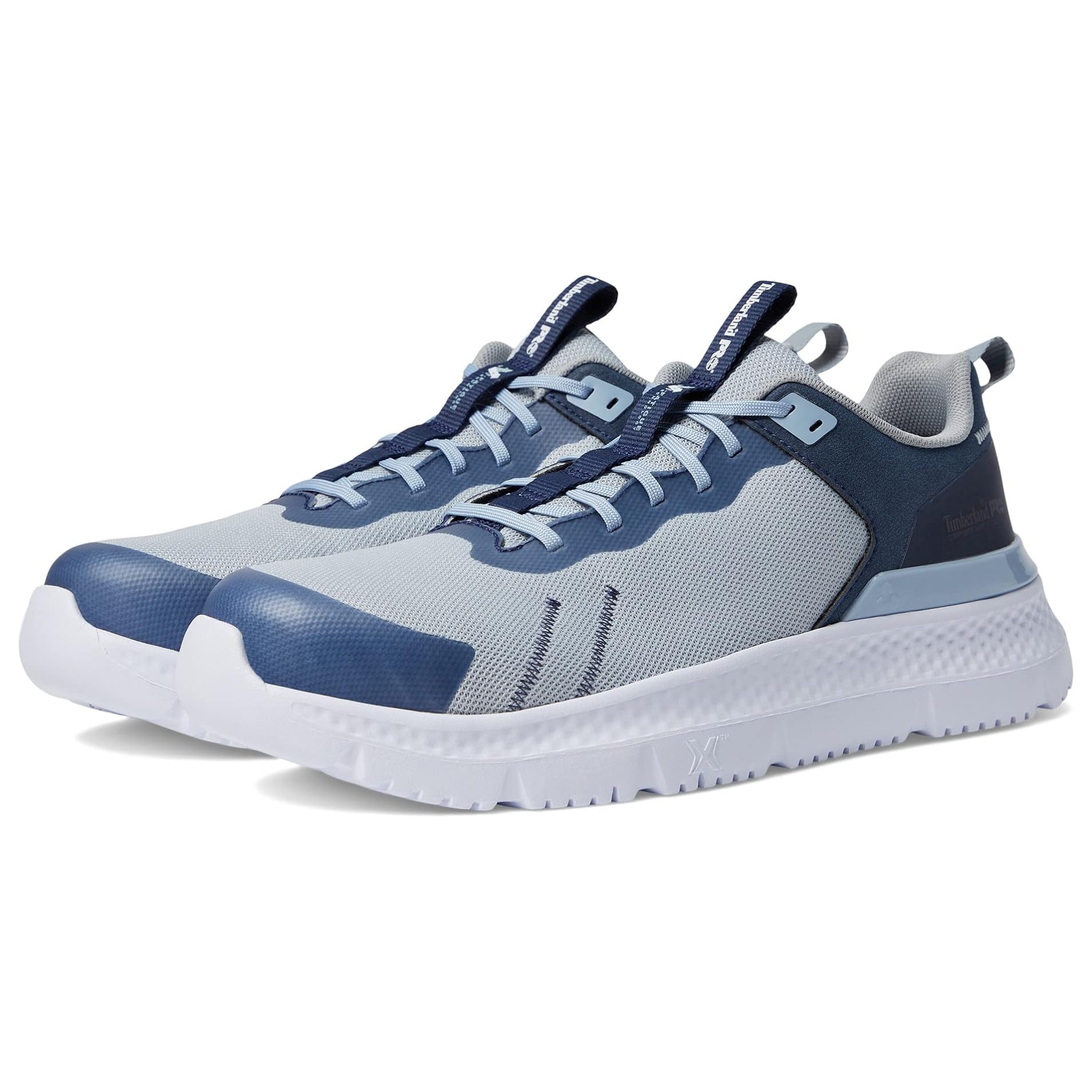 A pair of blue and grey sneakers with white soles and lace-up fronts.