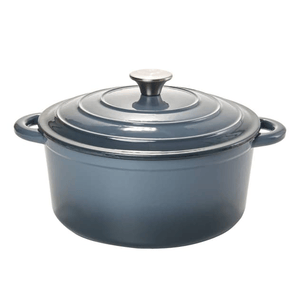 A blue enameled cast iron Dutch oven with a lid, featuring a round knob on top and two side handles.