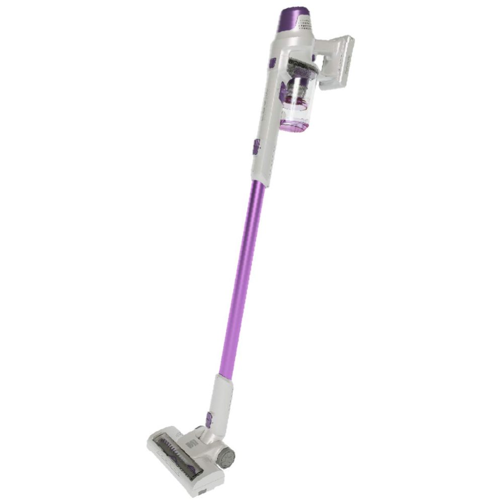 A cordless stick vacuum cleaner with a purple and white design, featuring a slim, lightweight structure with a detachable dustbin and cleaning head.