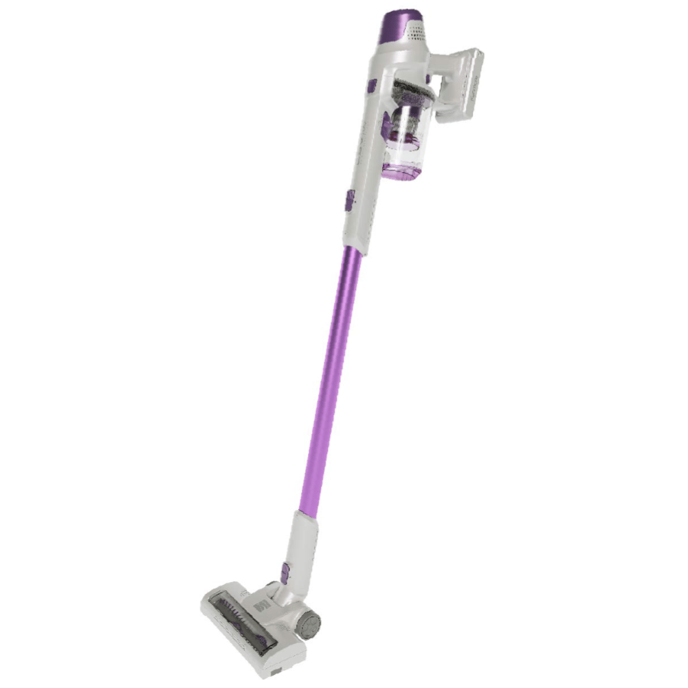 A cordless stick vacuum cleaner with a purple and white design, featuring a slim, lightweight structure with a detachable dustbin and cleaning head.