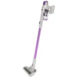 A cordless stick vacuum cleaner with a purple and white design, featuring a slim, lightweight structure with a detachable dustbin and cleaning head.