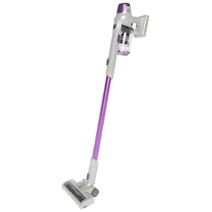 A cordless stick vacuum cleaner with a purple and white design, featuring a slim, lightweight structure with a detachable dustbin and cleaning head.