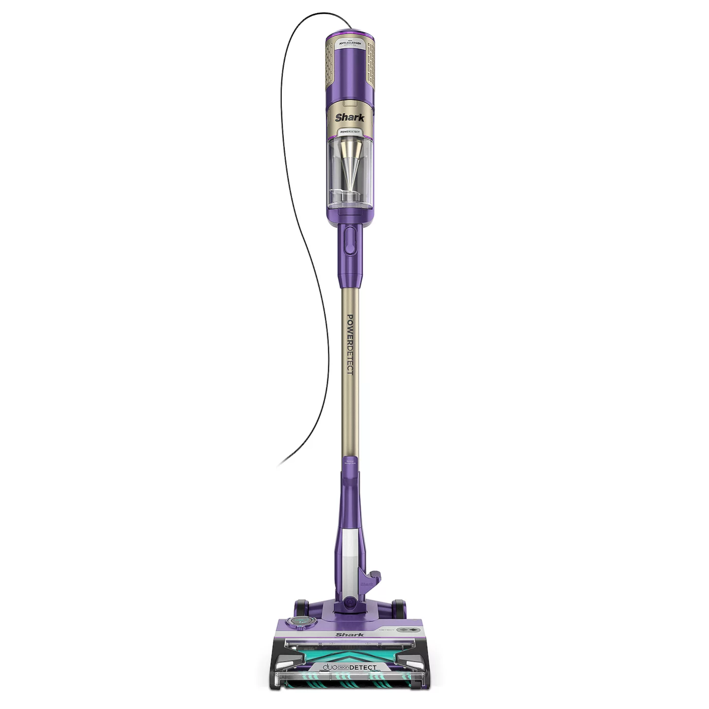 A purple Shark stick vacuum with DuoClean PowerFin technology, featuring a light-weight design and a transparent dust canister.