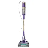 A purple Shark stick vacuum with DuoClean PowerFin technology, featuring a light-weight design and a transparent dust canister.