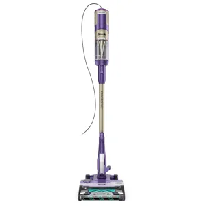 A purple Shark stick vacuum with DuoClean PowerFin technology, featuring a light-weight design and a transparent dust canister.
