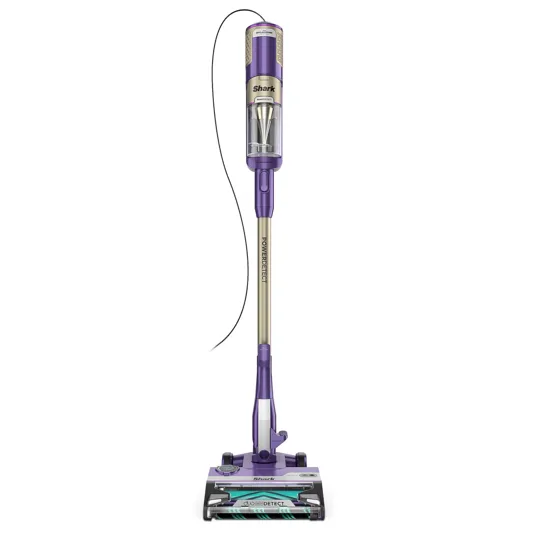 A purple Shark stick vacuum with DuoClean PowerFin technology, featuring a light-weight design and a transparent dust canister.
