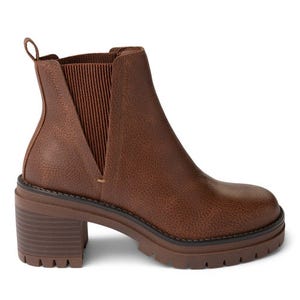 Brown ankle boot with a chunky heel and elastic side panels, featuring a pull tab at the back and a textured sole for added grip.