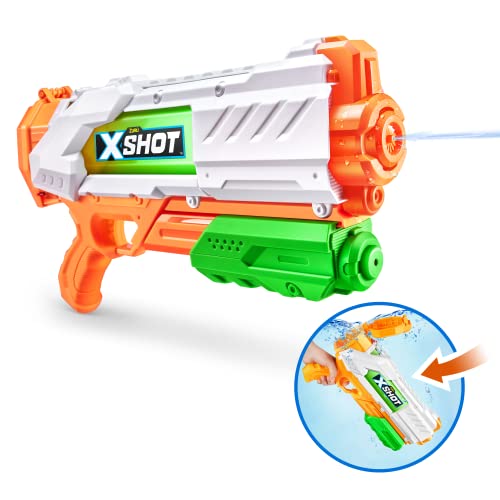 X-Shot Fast-Fill Water Blaster is an orange, white and green water gun with a large nozzle and a fast-fill feature indicated by an inset demonstrating the filling process.