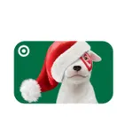 A dog with a red circle around its eye, wearing a Santa hat on a green background, next to a white circle logo.