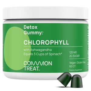 Detox Gummy with Chlorophyll and Ashwagandha, equivalent to 3 cups of spinach, containing 125 mg chlorophyll and 2g sugar. Vegan and gluten-free, 60 count, by Common Treat.