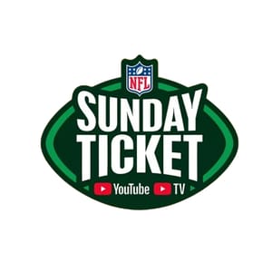 NFL Sunday Ticket logo with YouTube TV branding on a green football-shaped background.