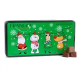 Frango Mint Chocolates 2025 Collector's Edition tin features festive cartoon characters, including Santa, a snowman, an elf, and a reindeer against a green background.