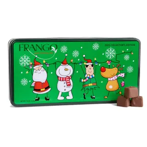 Frango Mint Chocolates 2025 Collector's Edition tin features festive cartoon characters, including Santa, a snowman, an elf, and a reindeer against a green background.