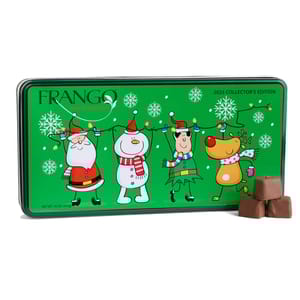 Frango Mint Chocolates 2025 Collector's Edition tin features festive cartoon characters, including Santa, a snowman, an elf, and a reindeer against a green background.