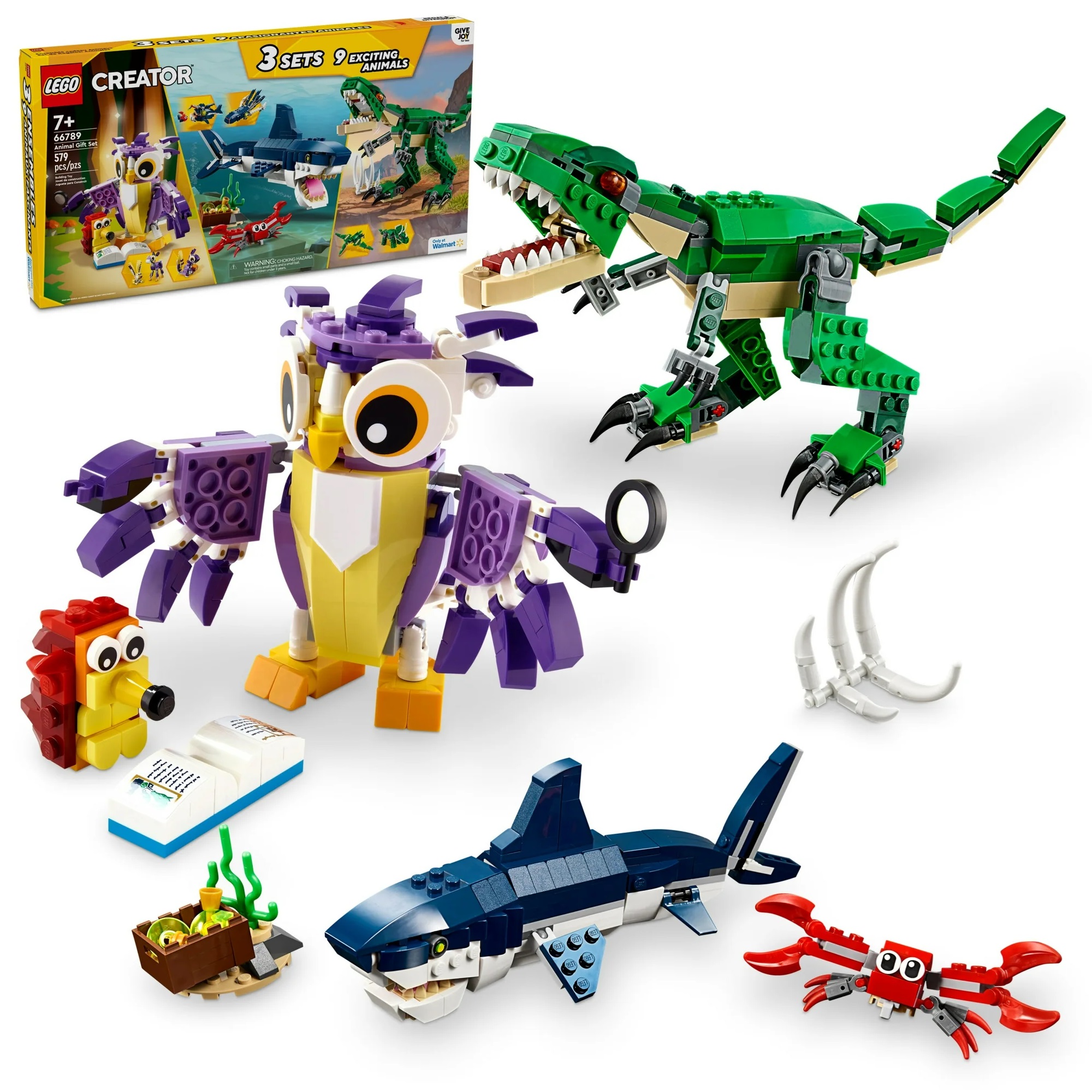 LEGO Creator 3in1 set featuring buildable models of a crocodile, bird with chicks, and a shark with a crab and fish.
