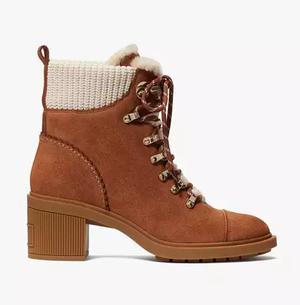 Brown lace-up boot with chunky heel and cream knit collar detailing.