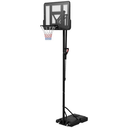 A portable basketball hoop system with an adjustable black pole, transparent backboard, and a base for stability, featuring a red, white, and blue net.