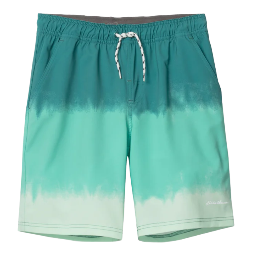 Turquoise and mint gradient swim shorts with an elastic waistband, drawstring, and side pockets.