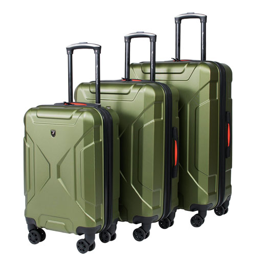 A set of three olive green hard-shell suitcases with telescopic handles and four wheels, varying in size for different travel needs.