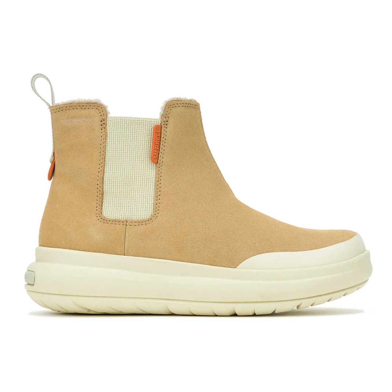 The Merrell Marquette Thermo Boots are tan-colored, waterproof slip-on boots with a suede exterior, featuring elastic side panels and a plush interior lining for warmth. They have a thick, white sole designed for comfort and traction.