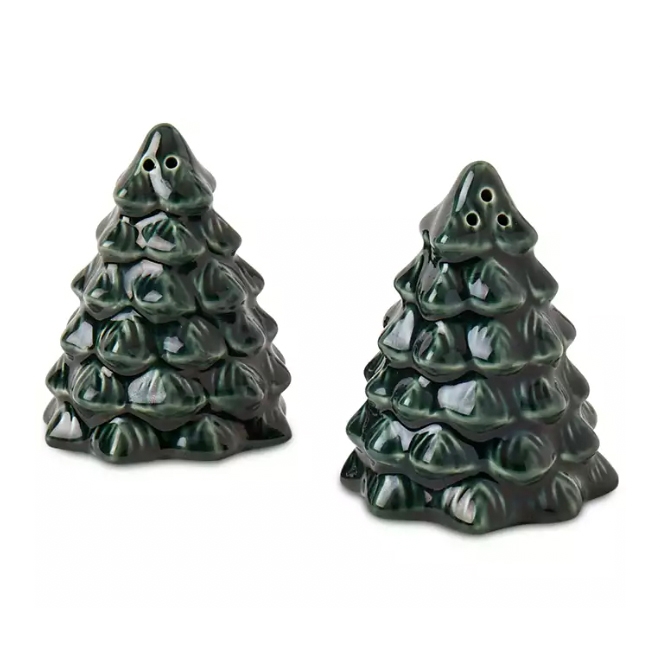 Ceramic salt and pepper shakers shaped like green Christmas trees.