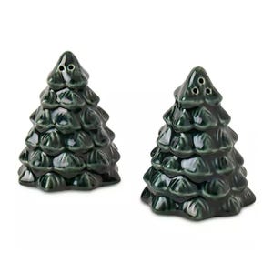 Ceramic salt and pepper shakers shaped like green Christmas trees.